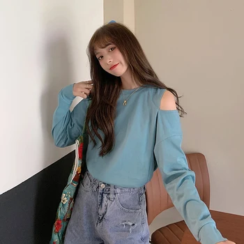 

PX2140 Off-the-shoulder top design niche round neck T-shirt women