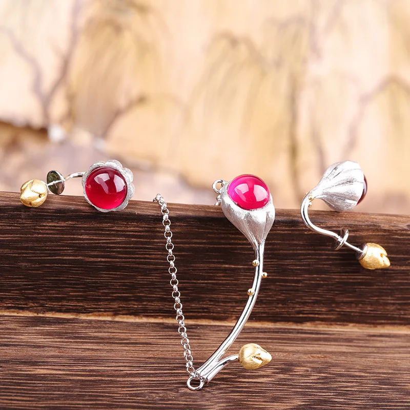 925 Sterling Silver Gemstone Corundum Jewelry Set With Necklace Stud Earrings Handmade Craft Lotus Flower Bud Fine Jewelry Women