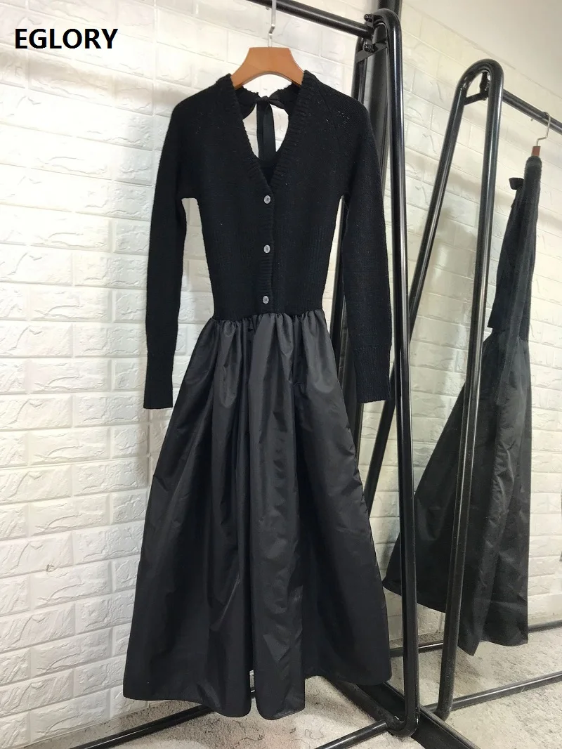 

Ball Gown Dress 2020 Spring Autumn Winter Dress Women V-Neck Hollow Out Back Bow Patchwork Long Sleeve Grey Black Knitted Dress