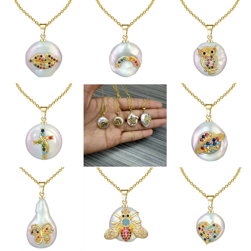 

ZEMO Shinning Rainbow CZ Shell Clavicle Gold Chain Pendant Necklace for Women Animal Plant Short Necklace Jewelry collier femme