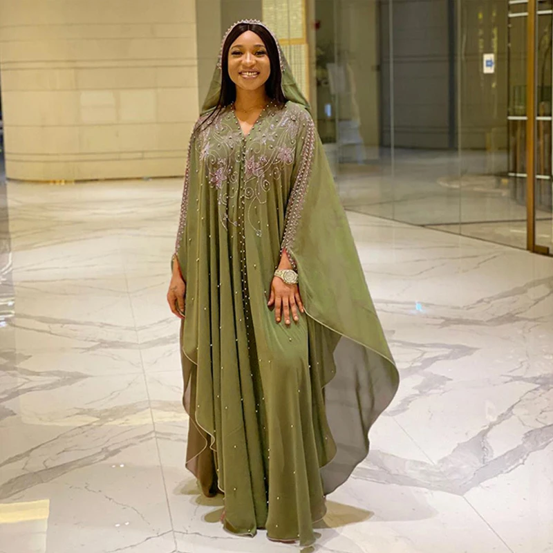 DOIB African Dresses for Women Chiffon Plus Size Dashiki Diamond Beads Boubou African Abaya Dubai Muslim Dress Robe