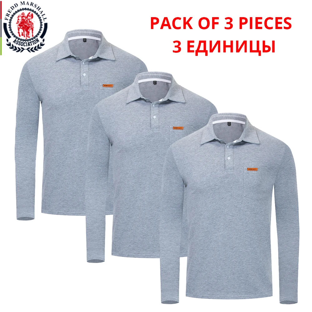 Fredd Marshall 3-Pack хлопковая Мужская рубашка поло с длинным рукавом классическая простая рубашка-поло деловые повседневные топы Плюс Размер M-3XL - Цвет: 062 Grey x3