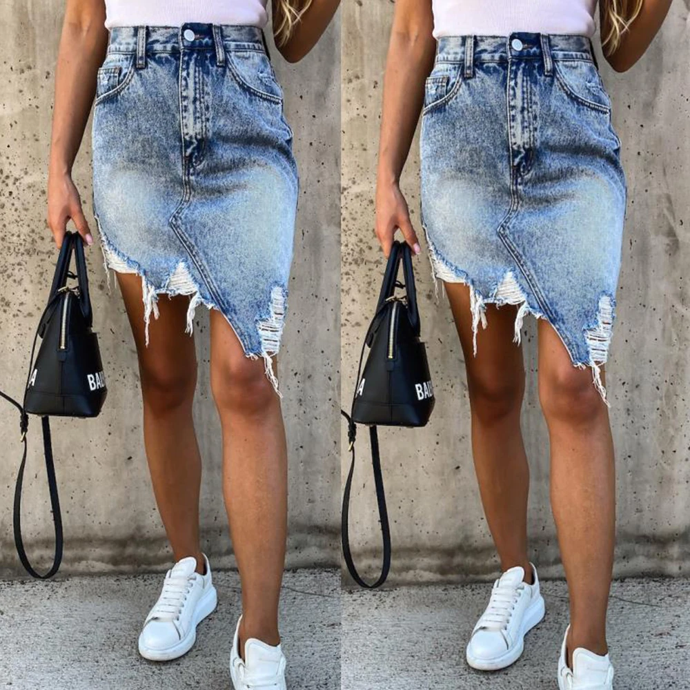 

Women Ripped Denim Skirts Summer Minimalist Asymmetry High-waisted Tassel Blue Skirt Sexy Slim Fit High Street Bodycon Skirt D30