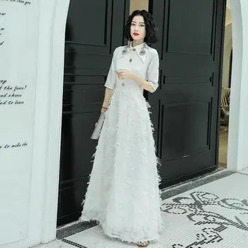 

Oversize 3XL White Patchwork Evening Party Dress New Sexy Women Evening Prom Gowns Full Length Cheongsam Lapel Collar Vestidos