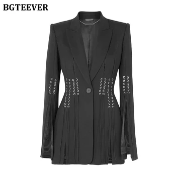 

BGTEEVER Fashion Slim Waist Women Blazer Lapel Long Sleeve Button Bandage Split Black Female Suit Jacket 2020 Spring Outwear