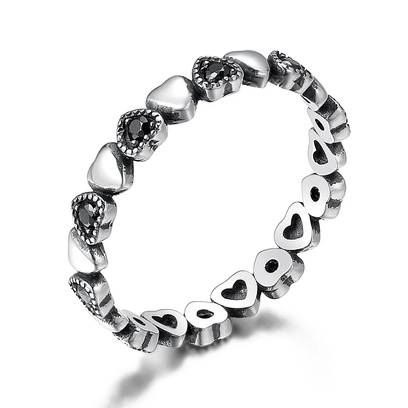 BAMOER, настоящее 925 пробы Серебряное штабелируемое кольцо, сердце, черный CZ, кольца на палец для женщин, украшения на свадьбу, годовщину Anel SCR140 - Цвет камня: Черный