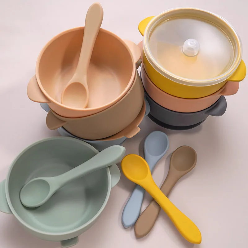High Quality Silicone Baby Sucker Bowl With Lid BPA Free Waterproof Toddler Plate Set Portable Silicone Spoon For Kids 2