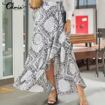

2020 Ruffles Hem Elegant Party Skirt Celmia Women Fishtail Skirts Ethnic Print Long Skirt High Waist Casual Skirt Loose Skirt 7