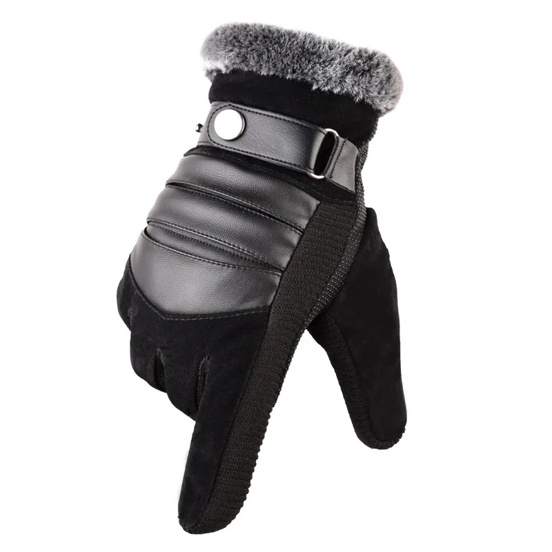 Men Winter Thicken Warm Gloves Retro PU Leather Patchwork Touchscreen Gloves Plush Fleece Outdoors Antiskid Gloves For Men