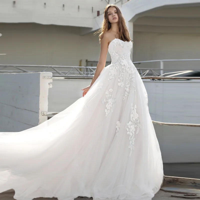 Eightree свадебное платье без лямок с аппликациями А-силуэт без спинки свадебное платье для принцессы Тюль бохо платье невесты vestido de novia - Цвет: White