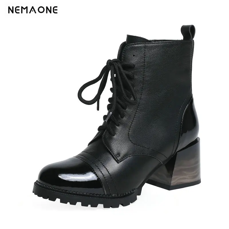 

NEMAONE Genuine Leather Women Boots high heels platform Boots Party Night Club Motorcycle Boots Ladies Shoes Woman size 41 42 43