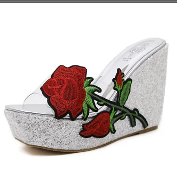 new bohemian rhinestone transparent slope with thick bottom waterproof platform lace slippers children