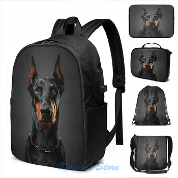 

Funny Graphic print Doberman USB Charge Backpack men School bags Women bag Travel laptop bag