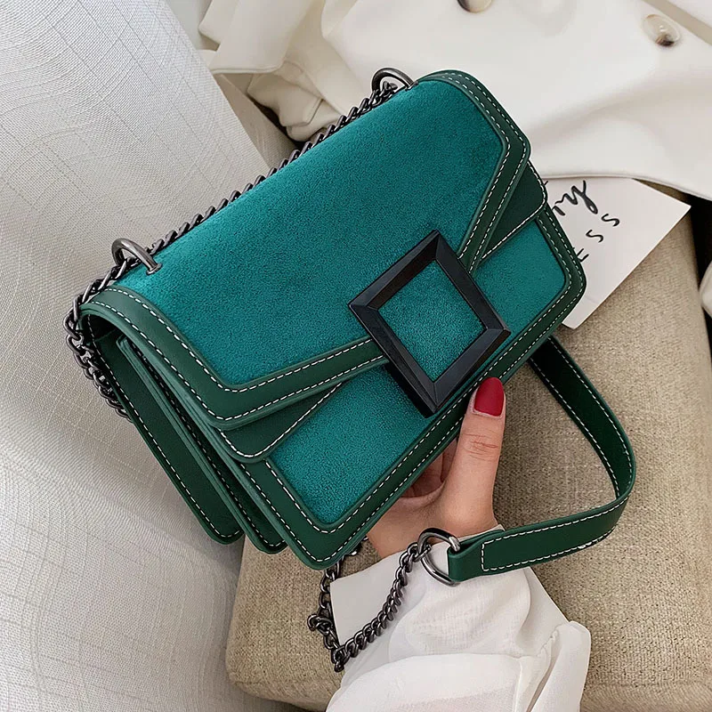 

Scrub Leather Chain Crossbody Bags for Women 2019 Winter Shoulder Messenger Bag Female Suede Square Buckle Purses Handbags