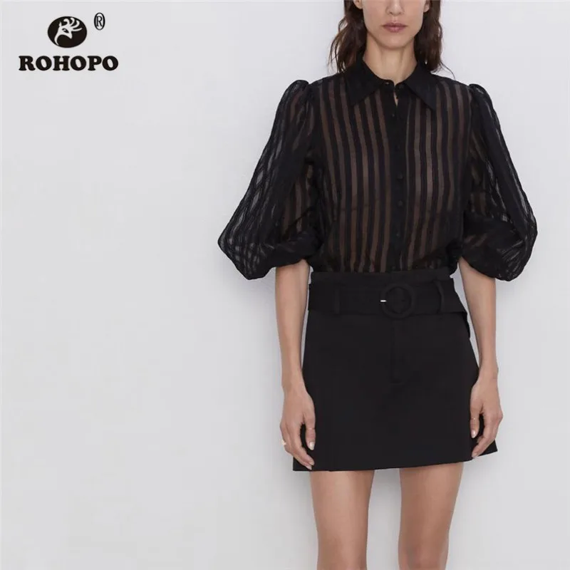 

ROHOPO Long Sleeve Vertical Rib Autumn Black Blouse Round Edge Half Transparent Solid Ladies Top Shirt #6156