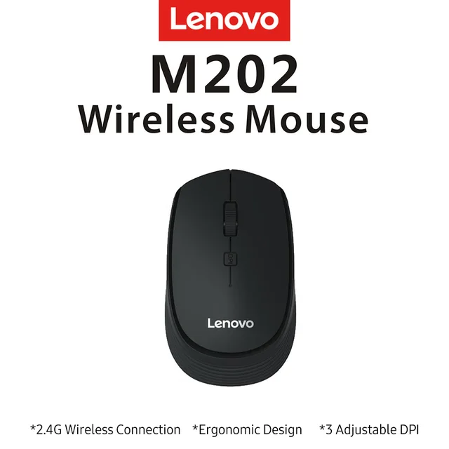 Lenovo M202 2.4GHz Wireless Mouse Office Mouse 4 Keys Mute Mice Ergonomic Design with 3 Adjustable DPI for PC Laptop Black Mice 2
