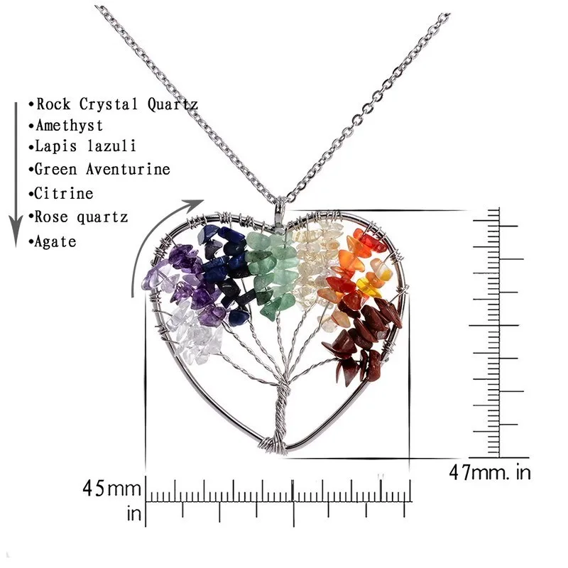 Qilmily 7 Чакра Древо жизни хрустальные ожерелья с подвеской из натурального камня для женщин и мужчин Бусы кварцевые Ювелирные изделия Подарки сувениры свадебные - Окраска металла: heart shape