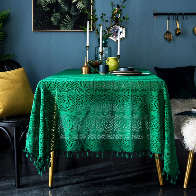 

DUNXDECO Tablecloth Cotton Crochet Table Cover Fabric Garden Party Desk Decorative Mat Vintage Green Color Warm Home Decoration