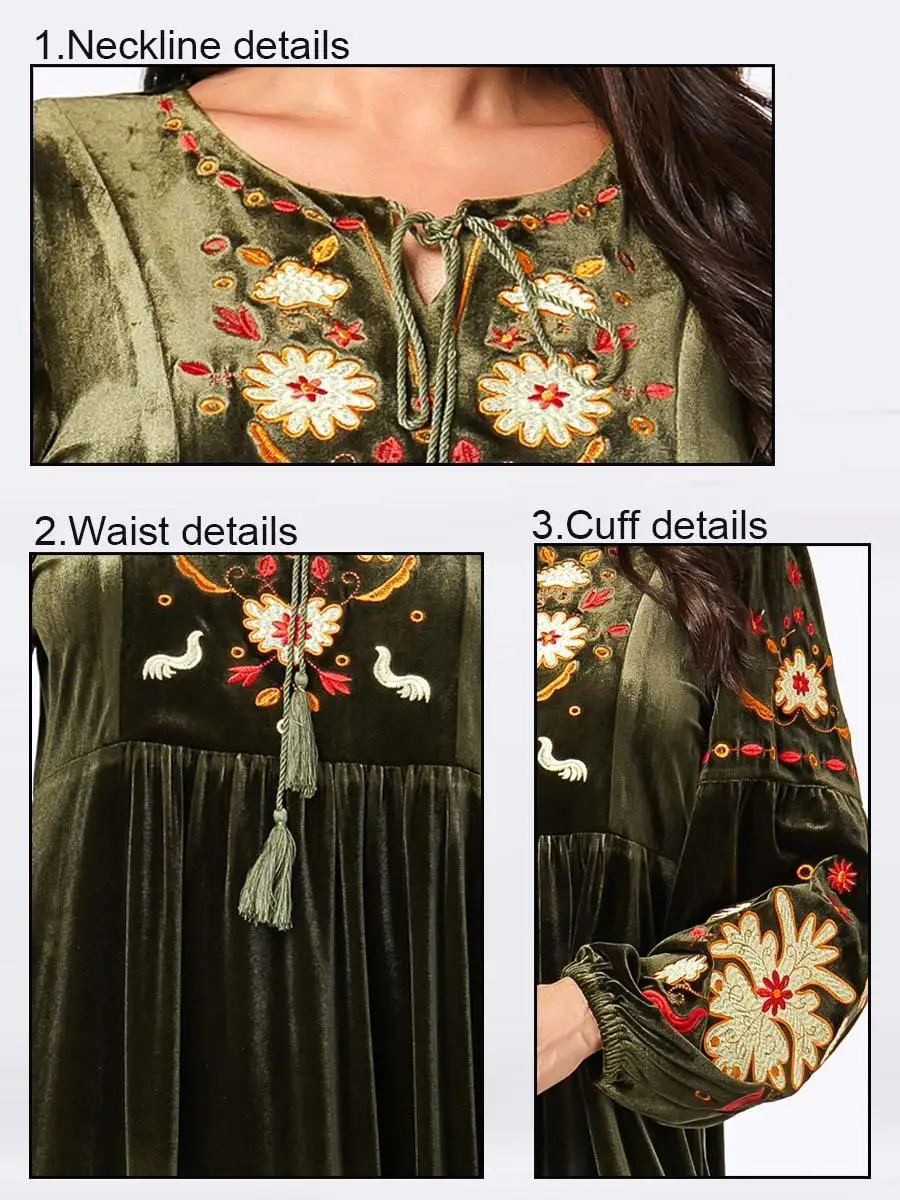 Модное женское бархатное теплое мусульманское платье abaya длинное платье с вышивкой исламские Макси-платья Дубай jilбаб с круглым вырезом платье одежда