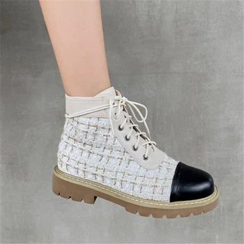 

Patchwork Brand Women Shoes 2020 Winter Boots Woman Cross-tied Warm Chaussures Femme Chunky Heels Botas Mujer Ankle Booties