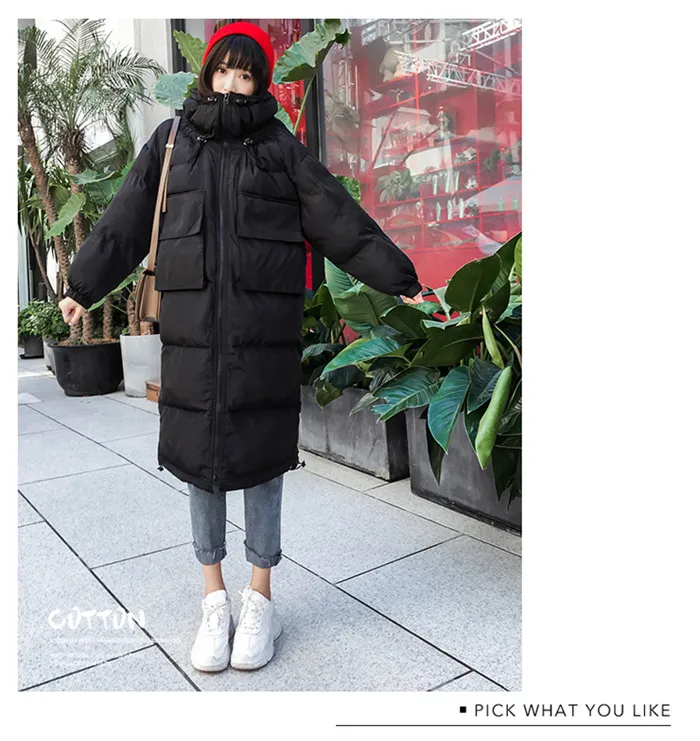 Harajuku модные повседневные свободные зимние куртки с карманами, женские длинные стеганые пальто со стоячим воротником, Женская однотонная парка, топ, большие размеры, f2194