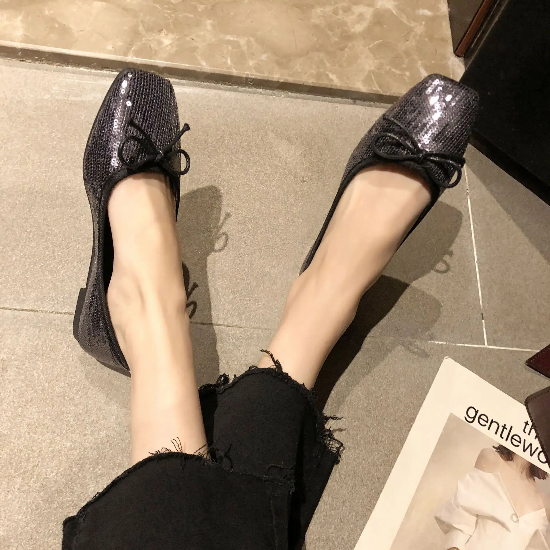 

2019 Spring New Style Square Head Low-Cut Loafers Korean-style Bow Versitile Fashion Comfortable WOMEN'S Flat Shoes