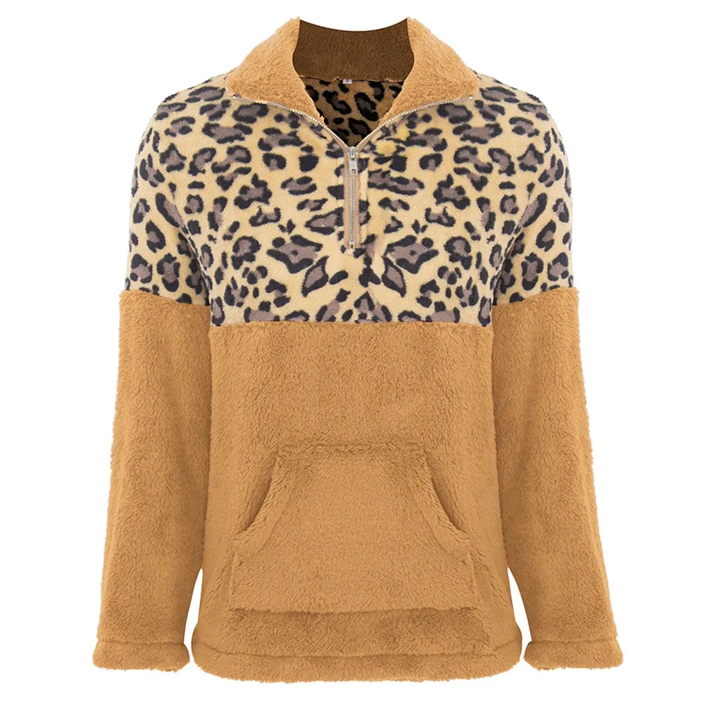 Женский леопардовый лоскутный искусственный свитер с мехом, женский теплый флисовый Повседневный Зимний пуловер с капюшоном и высоким воротом - Цвет: YE