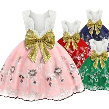 

Summer children's clothing girls halter sweet dress embroidery flower sequins big bow baby dress kids lace birthday party dress