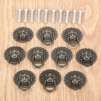

10Pcs 29*37mm Handles Beast for Lion Head Antique Alloy Handle Wardrobe Drawer Door Pull Retro Furniture Decoration With Screw