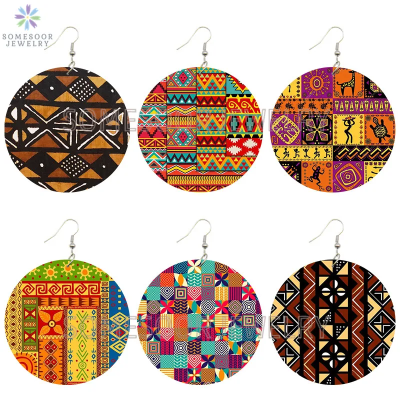 

SOMESOOR African Headwrap Fabric Design Wooden Drop Earrings Afro Tribal Ethnic Pattern Bohemian Loops Jewelry For Women Gifts