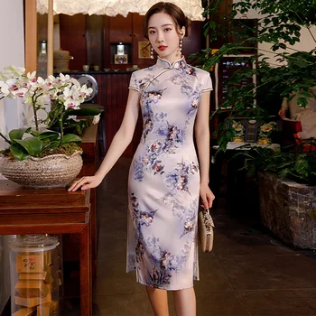 

M-3XL Chinese Style Cheongsam Knee Length Women Elegant Slim Dress Retro High Split Sexy Button Party Evening Qipao Lady Vestido