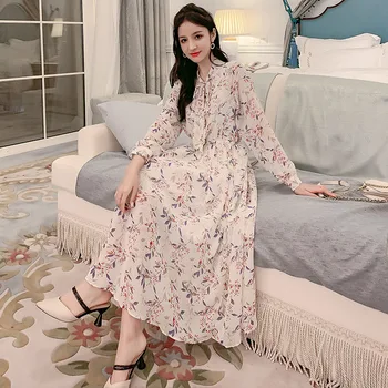 

2019 Women Long-sleeved Chiffon Flared Dress with Tie Collar Womens Floral Dress with Gathers At Cuff Elasticized Seam At Waist