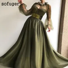 Иллюзия вечернее платье с длинными рукавами Пояс халат De Soiree Плюс Vestidos De Fiesta De Noche Формальное вечернее платье Арабский мусульманский