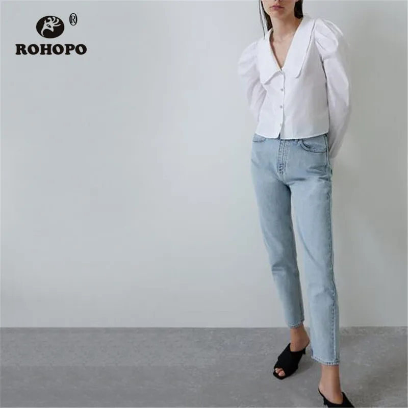 

ROHOPO Big Lapel Collar Puff Long Sleeve Buttons Fly White Cotton Blouse Perle Buttons Solid Ladies Poplin Tops Blusa #9628