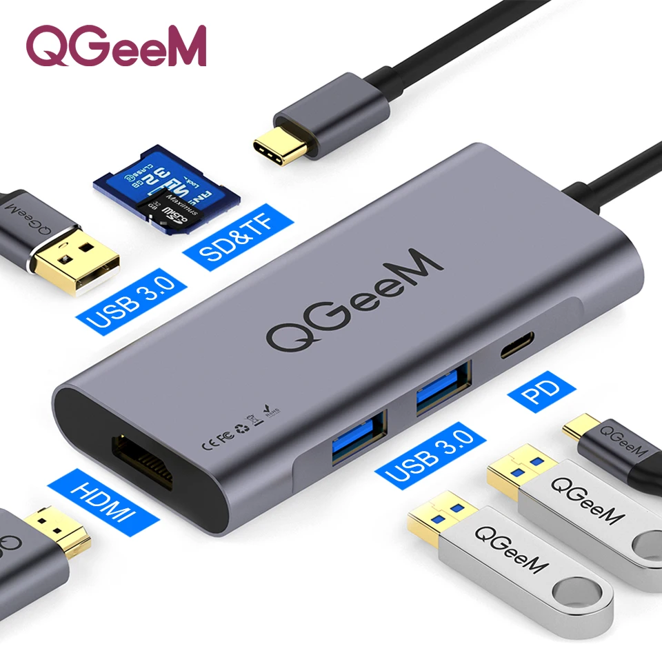 QGeeM 8 в 1 USB C концентратор для Macbook Pro usb-хаб 3,0 адаптер PD HDMI RJ45 TF SD 3,5 мм Aux type C концентратор для iPad Pro сплиттер док-станция