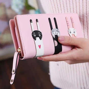 

New Single Zipper Women's Long Wallet Cat Card Package Mobile Phone Bag Clutch Animals Big Capacity Cute Cartoon Fashion PU 10CM