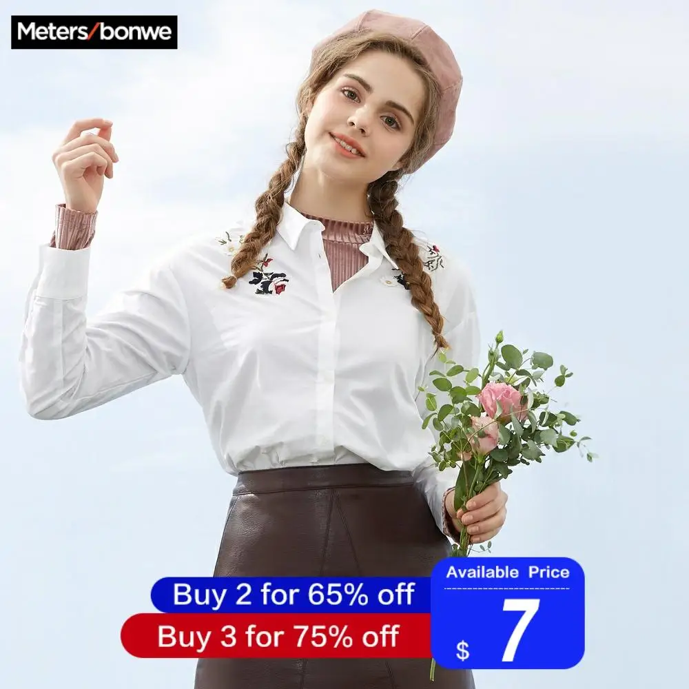 Metersbonwe, женские Полосатые блузки, новинка, модные, с цветочной вышивкой, свободные, милые, для девушек, для студентов, официальная блузка, рубашка, повседневные топы