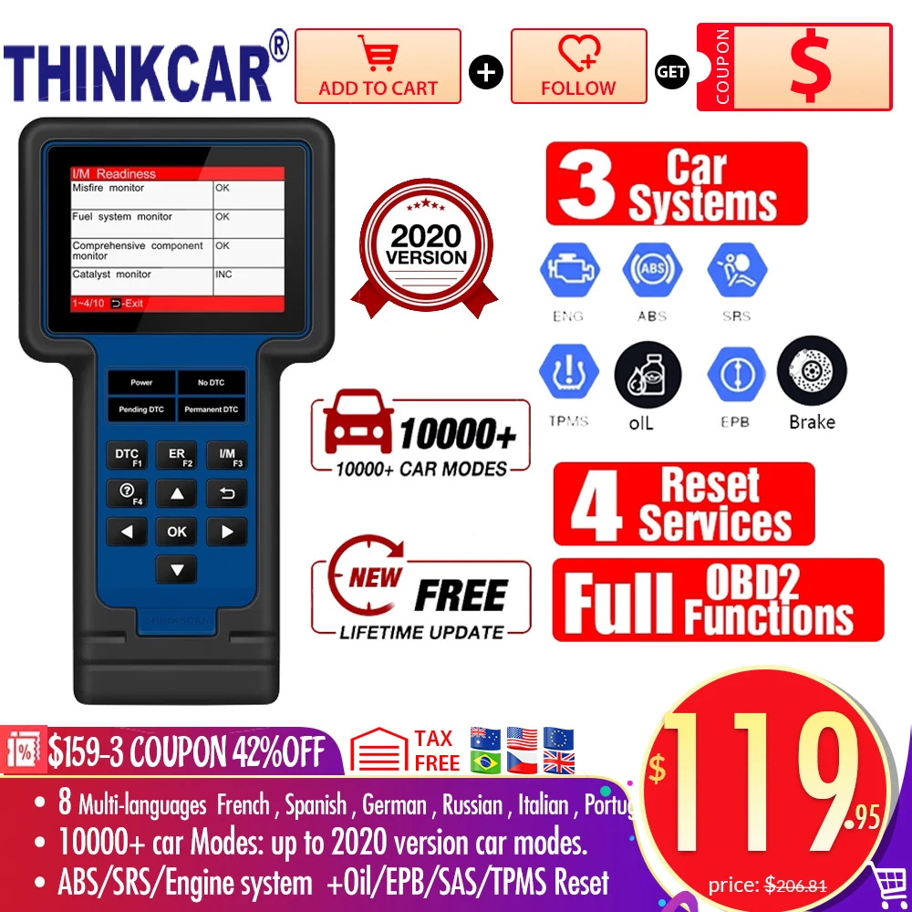 Thinkcar ThinkScan 601 obd2 code reader scanner for Engine ABS Airbag SRS with 4 Reset Function TS601 PK NT614 diagnostic tool