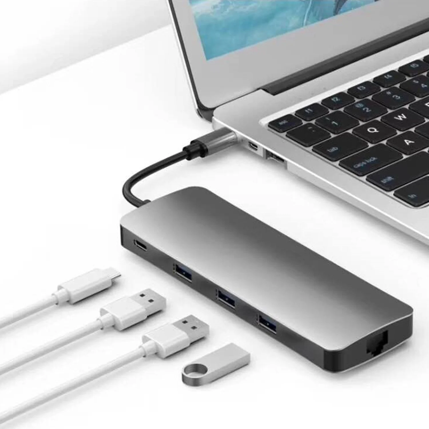 Тип-c-концентратор+ Hdmi+ Vga+ Rj45+ тип-c(зарядка+ передача данных)+ Sd/Tf Одновременное чтение 3,0 карт