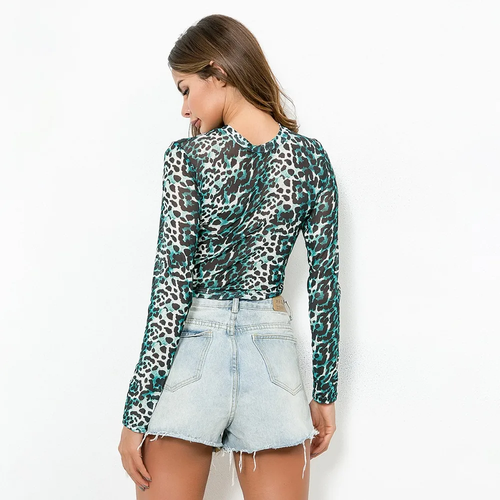 Sexy Leopard Print Long Sleeve Navel Slim T-Shirt Women