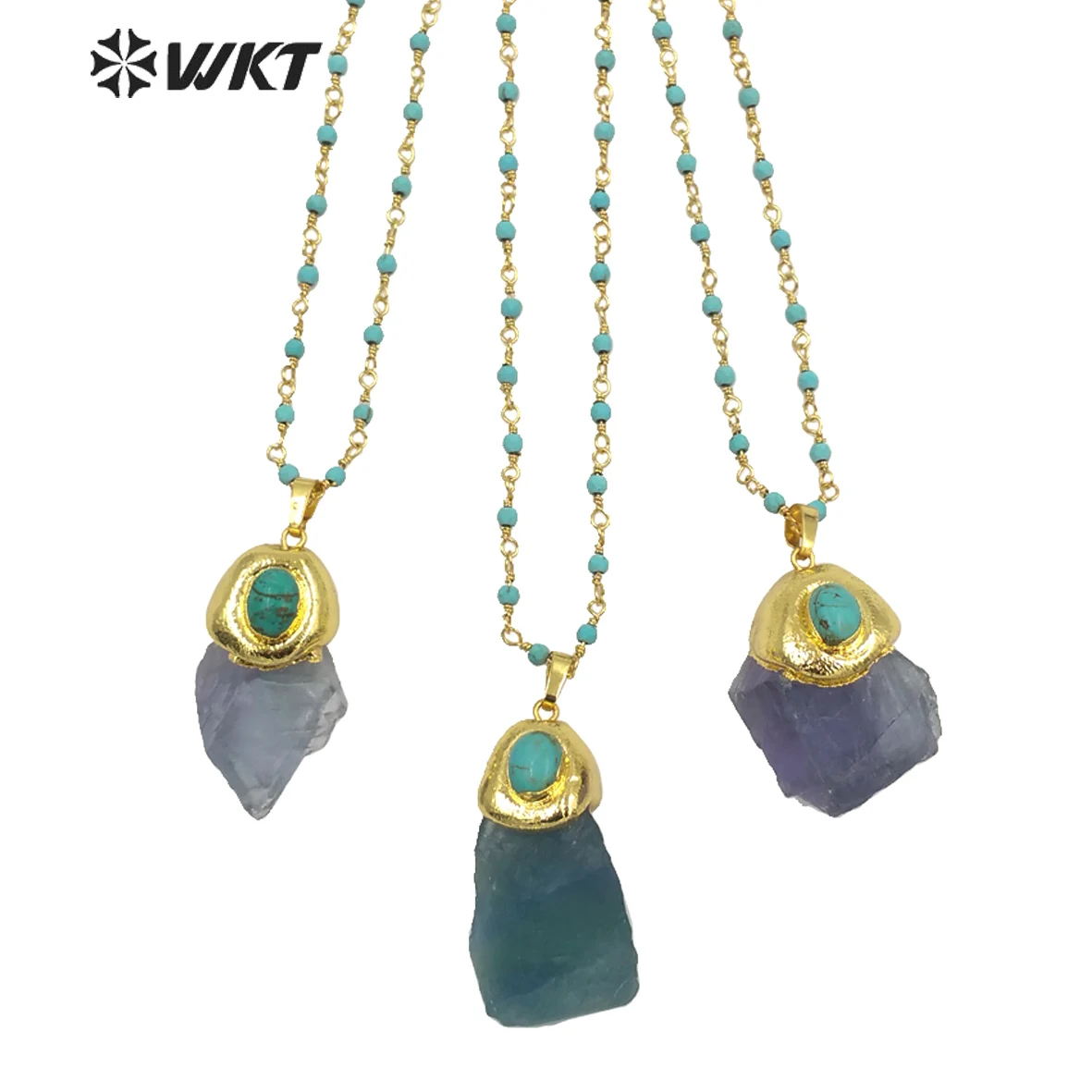 

WT-N1288 Women fashion gold plated rainbow blue raw fluorite stone necklace vintage Boho style Raw stone turquoises necklace