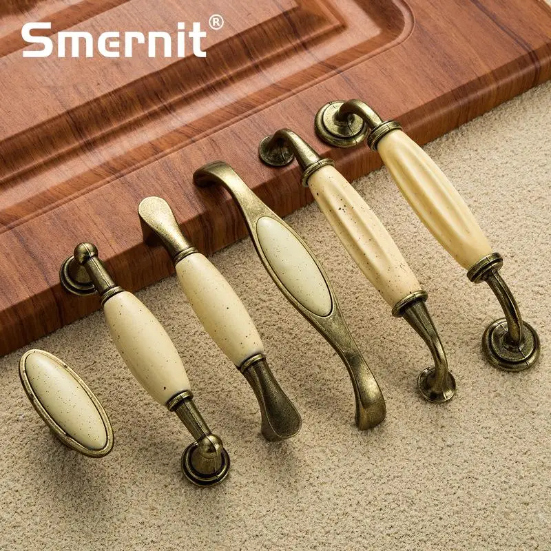 5pcs Beige Ceramic Door Handles Antique Furniture Knobs And