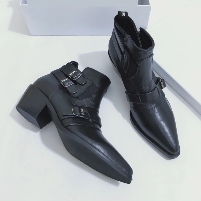 

Classic Western Cowboy Boots for Women Ankle Boots Metal Button Pointy Toe Square Heel Shoes Woman Winter Basic Boots Black