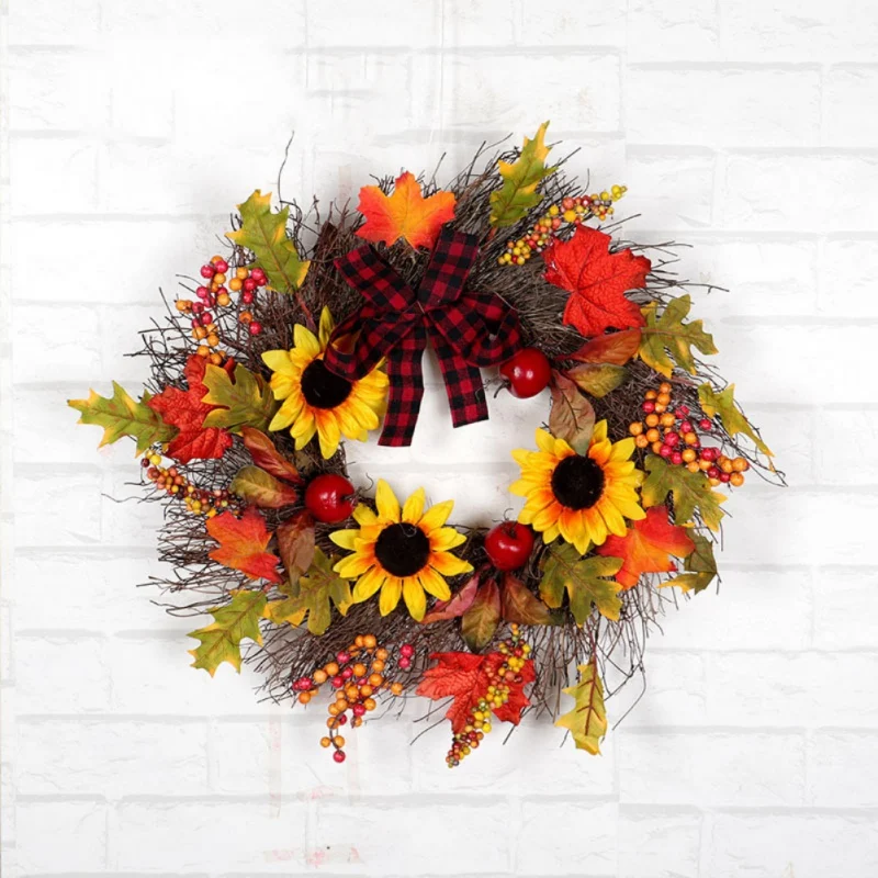 Autumn Artificial Maple Leaf Wreath With Sunflowers Berries And Bowknot Front Door Window Wall Seasonal Home Decorations