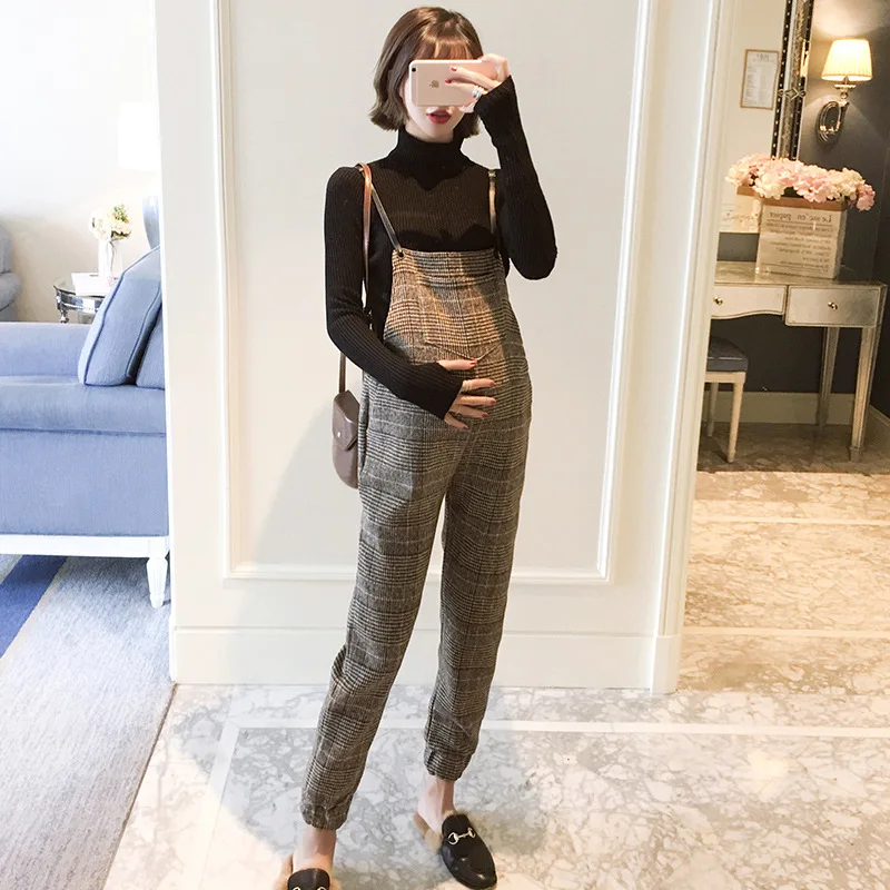 

Photo Shoot 2019 Autumn And Winter Suspender Pants Pregnant Women Fashion Set Sweater + Suspender Pants Plaid Graceful Onesie