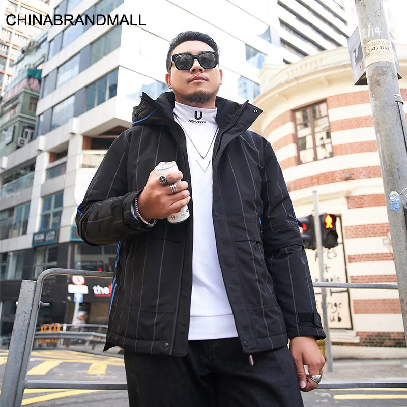 

Big size Men's Wear super Brand Fat Man Loose Long Sleeve with Cap Keep Warm Jacket Plus Fat Plus Stripes Down Coat