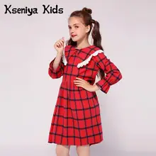 Kseniya Kids/ ; сезон весна-осень; платье с длинными рукавами для девочек; хлопковое плотное теплое платье в клетку с кружевным воротником