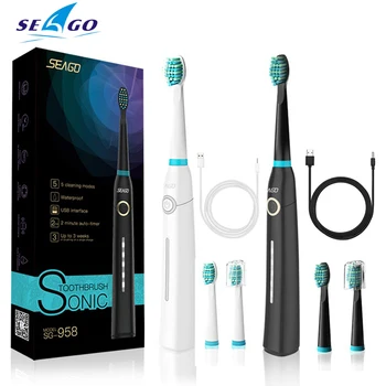 

Seago Automatic Sonic Electric Toothrbush 5 Modes 40000 Times Vibration/Min USB Charging IPX7 Waterproof 3 Brush Heads SG958