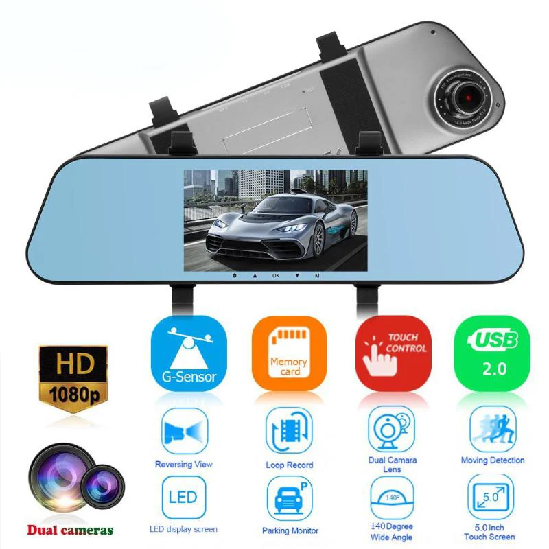 5 дюймов 1080P Автомобильный видеорегистратор камера зеркало заднего вида видео рекордер двойной объектив ночного видения видеорегистратор