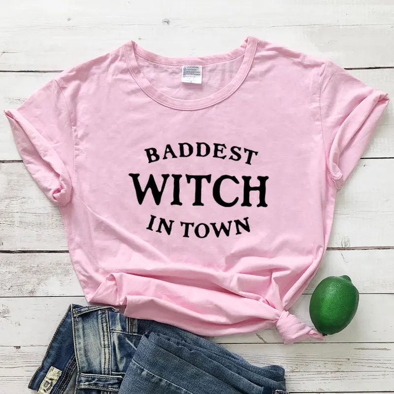 pink-black text Baddest ведьма в городе футболка Веселая крутая Девушка Crewneck черная хипстерская безрукавка Топ Женская одежда письмо печати Хэллоуин подарок футболка - Цвет: pink-black text